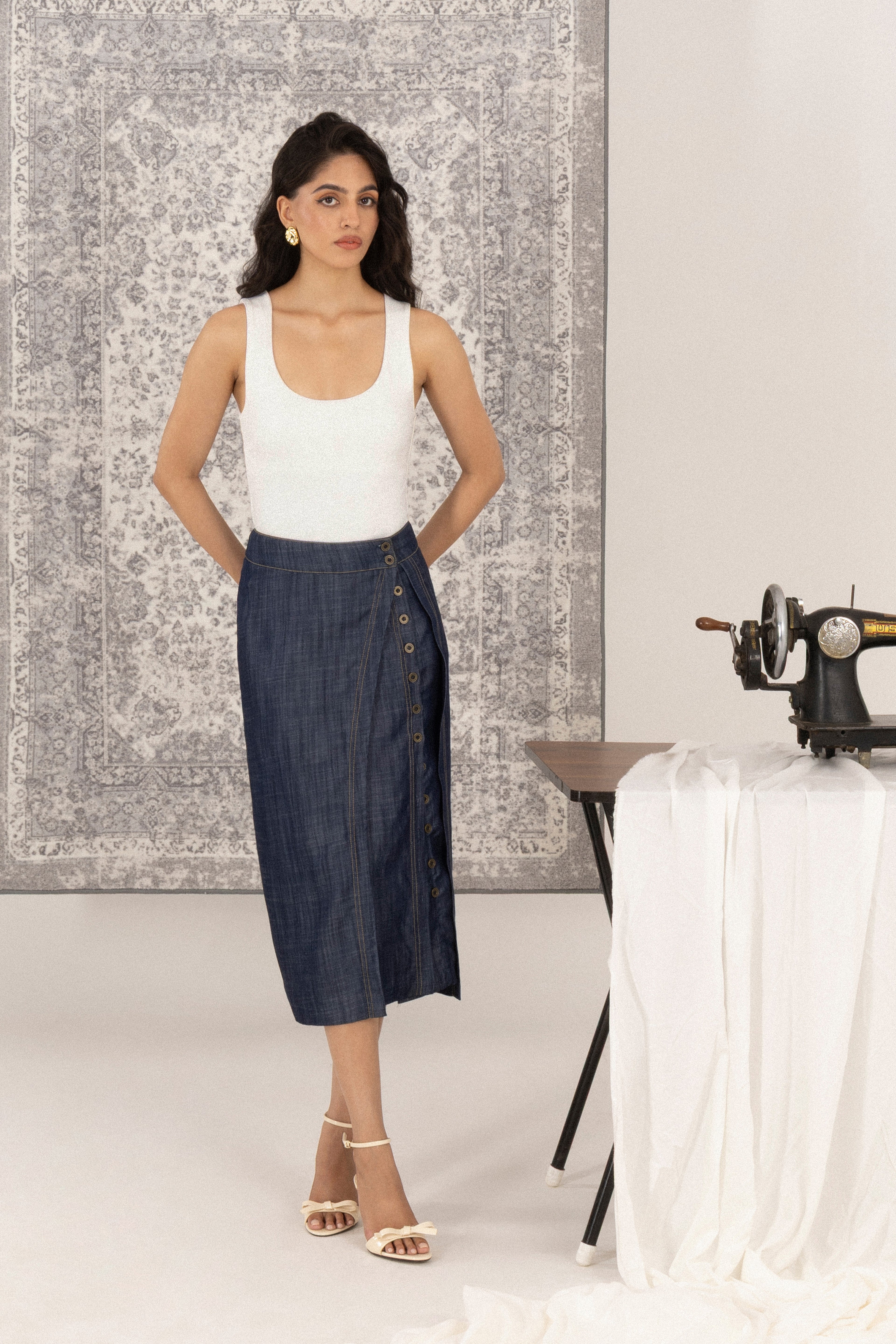 Double Placket Midi Skirt