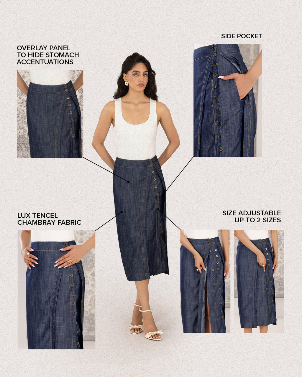 Double Placket Midi Skirt