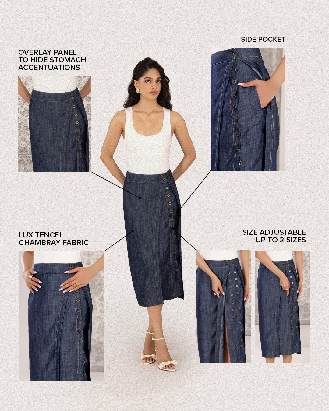 Double Placket Midi Skirt